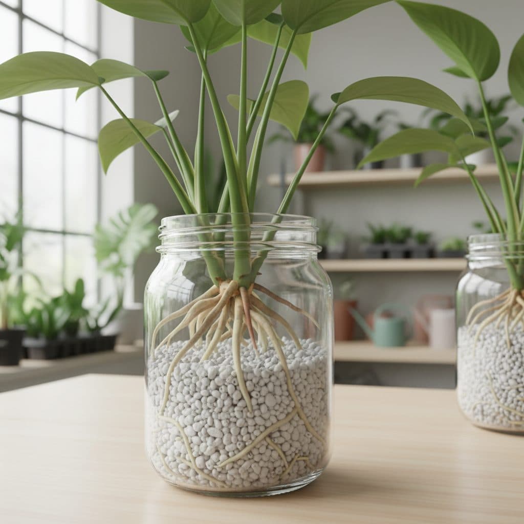 Healthy plant cuttings with strong white roots growing in a tray of perlite.