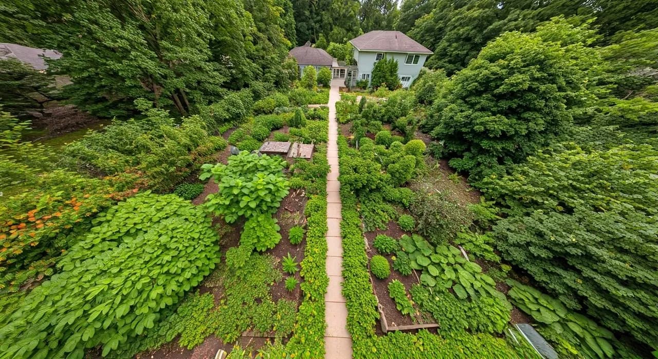 Aerial view of a vibrant 1/4-acre suburban food forest with fruit trees, berry bushes, and groundcovers