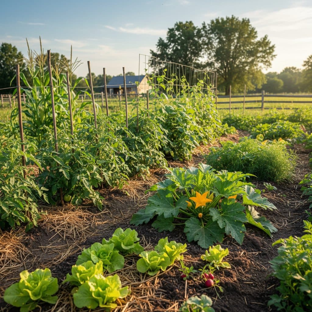 A vibrant homestead garden bed showing young seedlings, maturing plants, and recently harvested areas, indicating succession planting.