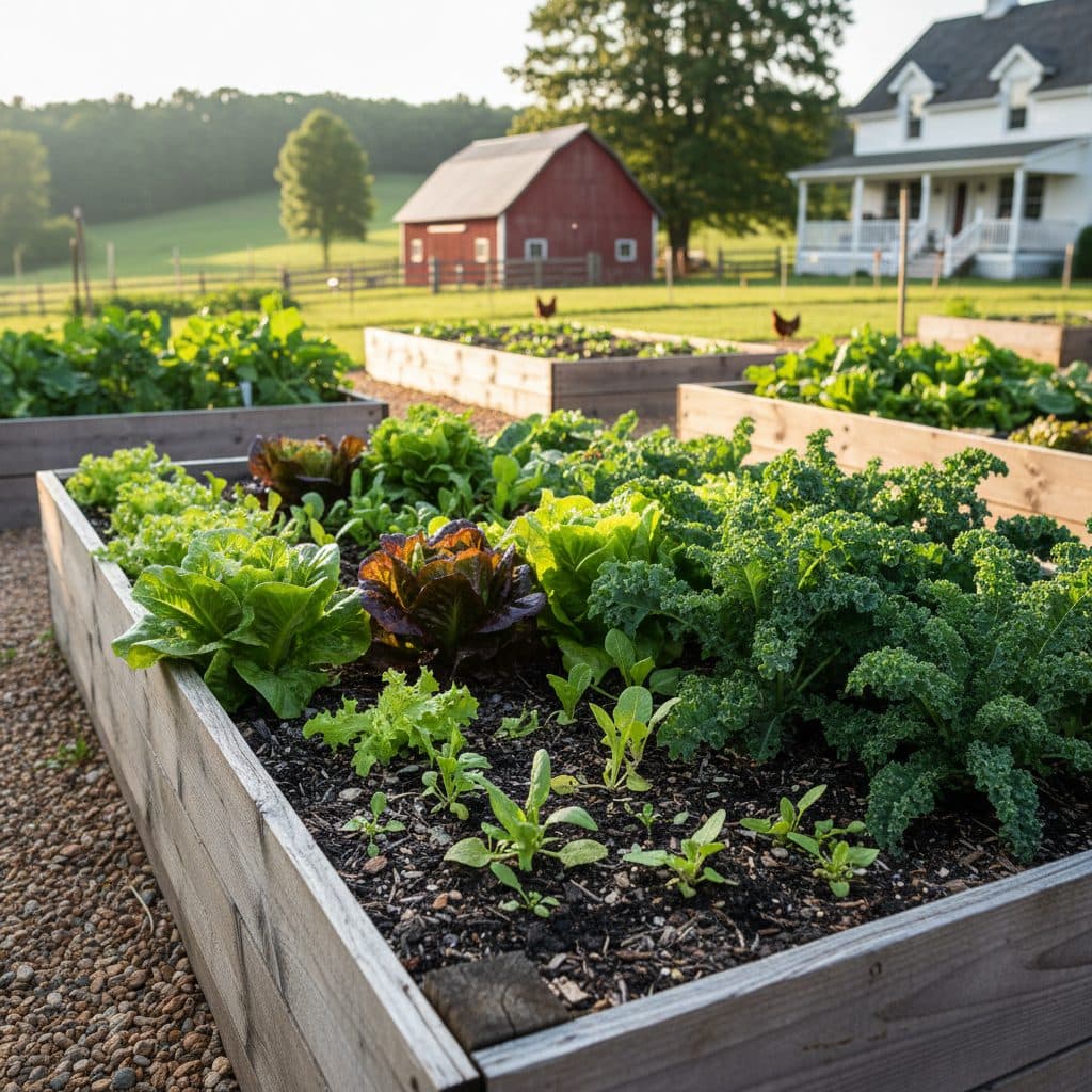 A raised garden bed demonstrating succession planting with rows of young and mature lettuce and spinach.
