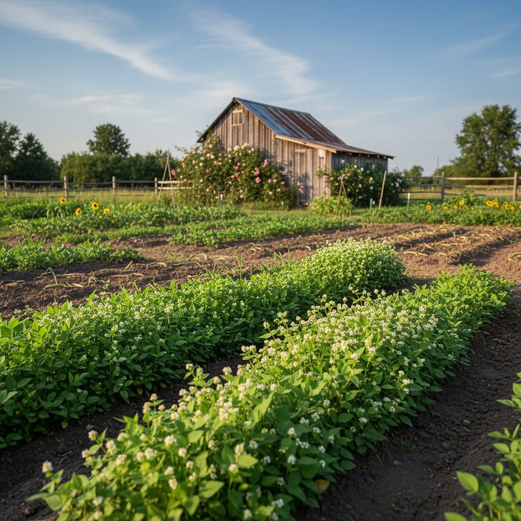 Summer garden bed with buckwheat and cowpeas growing between harvested rows.