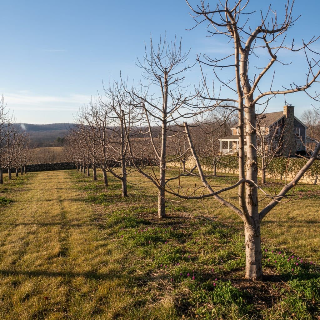 A home orchard in late winter, showing dormant fruit trees with recent pruning cuts, ready for spring growth.