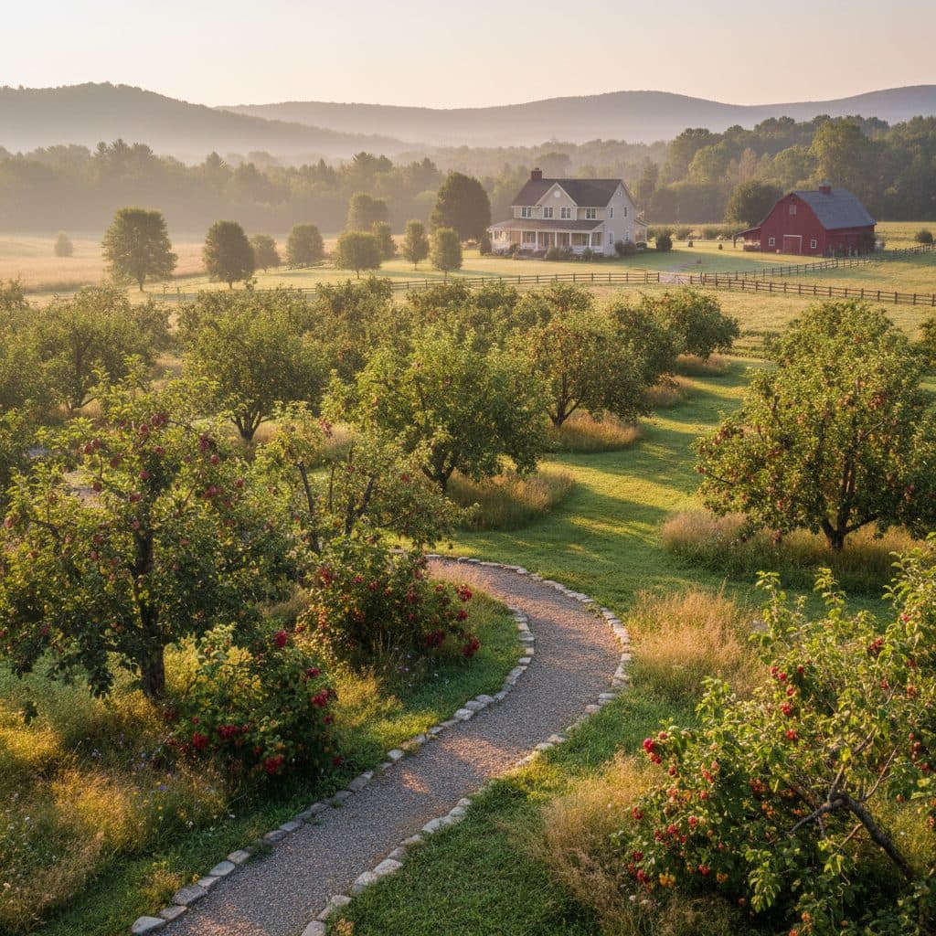A peaceful US home orchard with fruit trees and berry bushes.