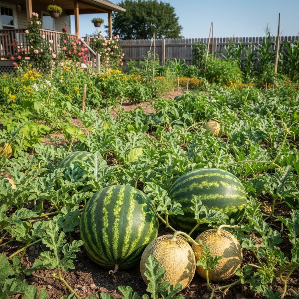 Ripe watermelon and cantaloupe growing in a sunny US garden.
