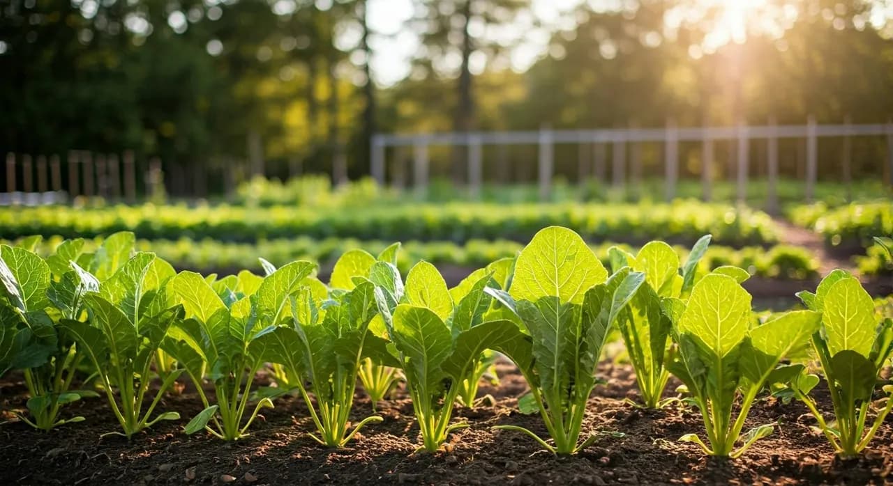 A vibrant home vegetable garden with rows of healthy plants under morning sunlight.