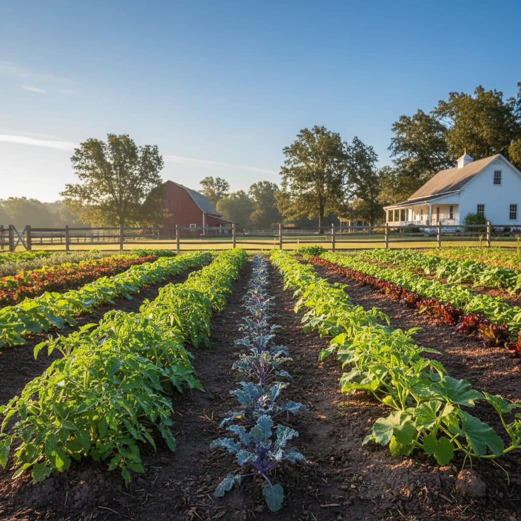 A thriving vegetable garden with neatly spaced rows of young plants under a clear morning sky.