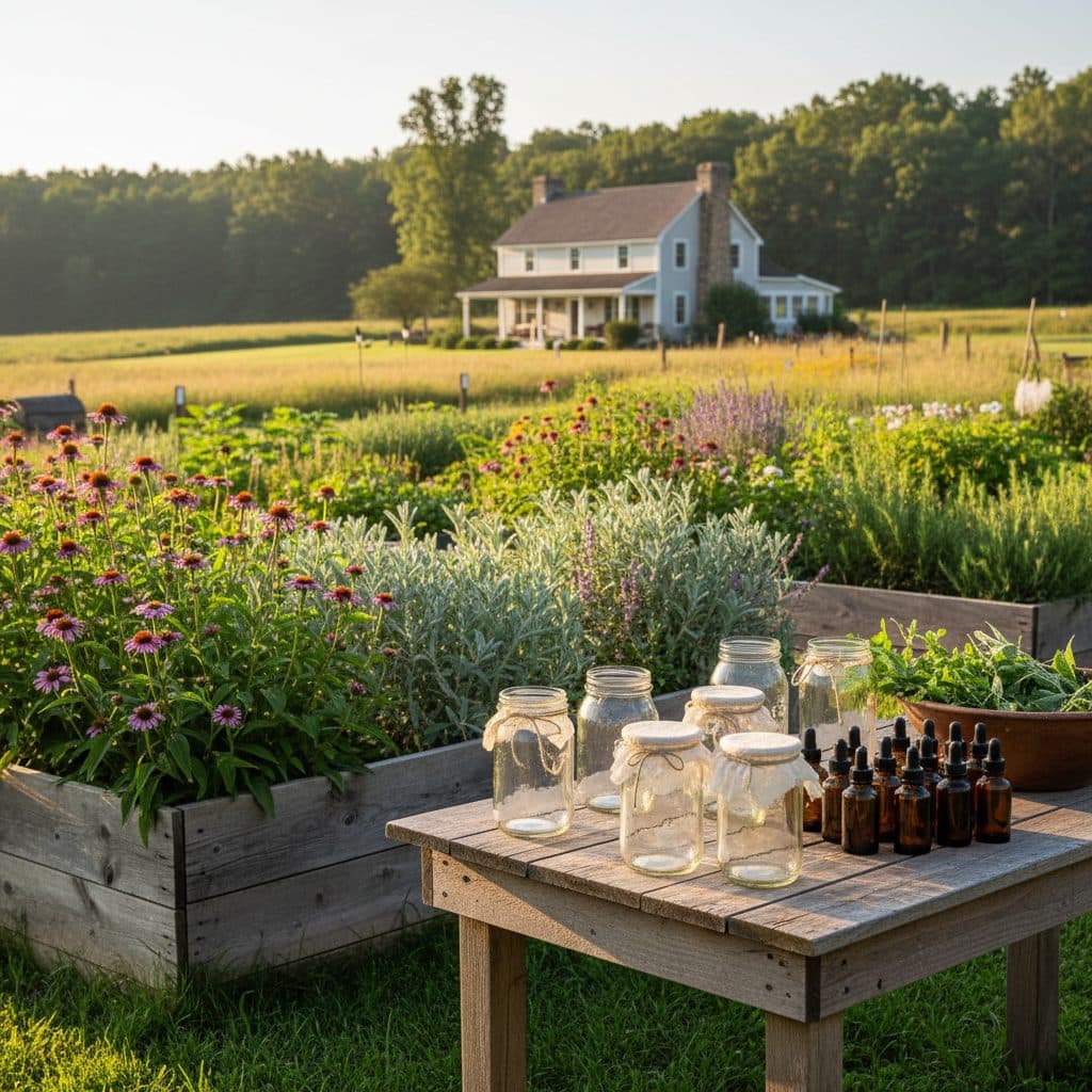 A rustic homestead scene with a thriving medicinal herb garden and tools for making tinctures, including glass jars and amber bottles.