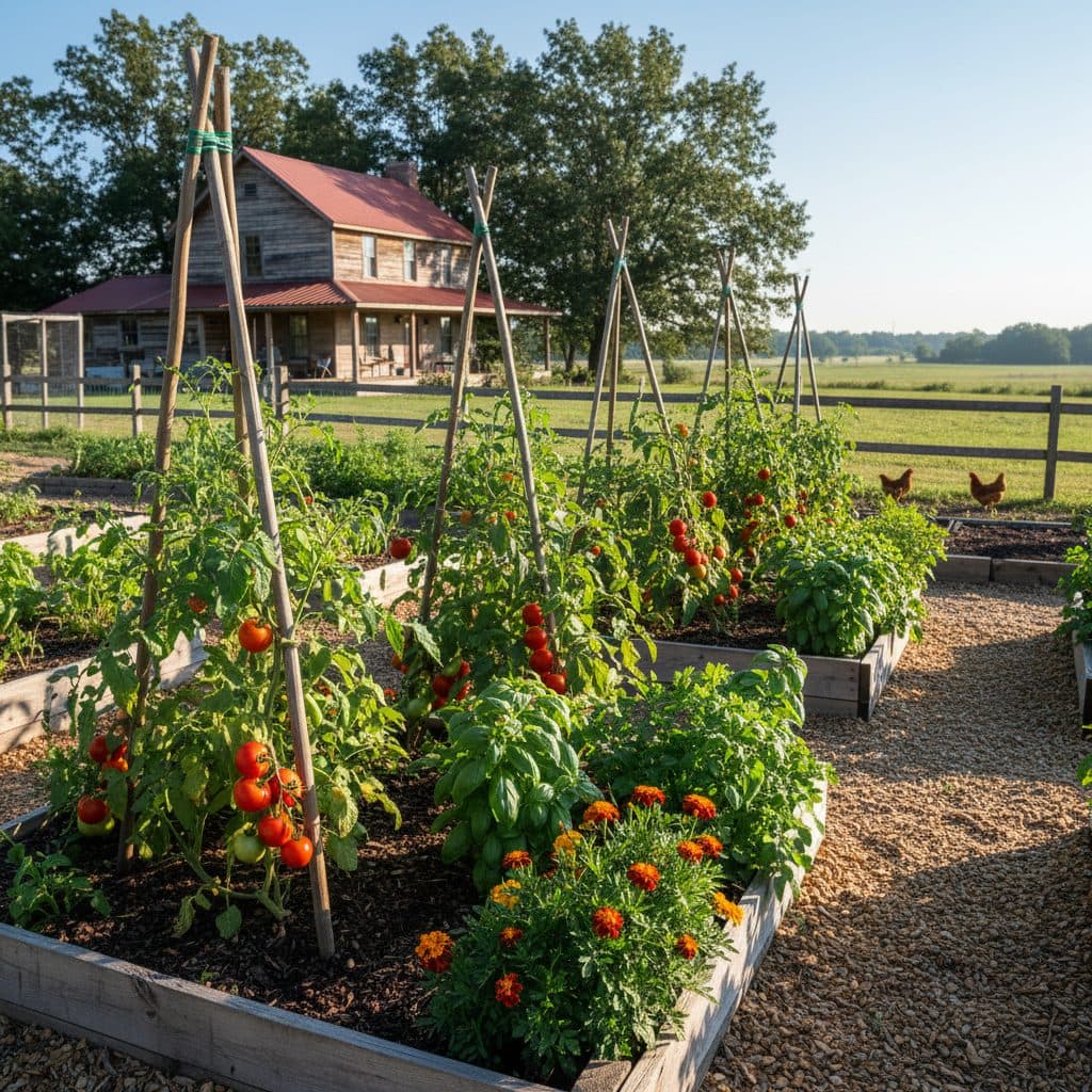 A thriving organic tomato garden on a homestead, with tall green plants staked neatly under a clear sky.