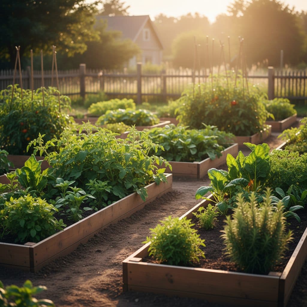 A lush tomato garden on a US homestead, with several plants laden with ripe red tomatoes under a clear summer sky.