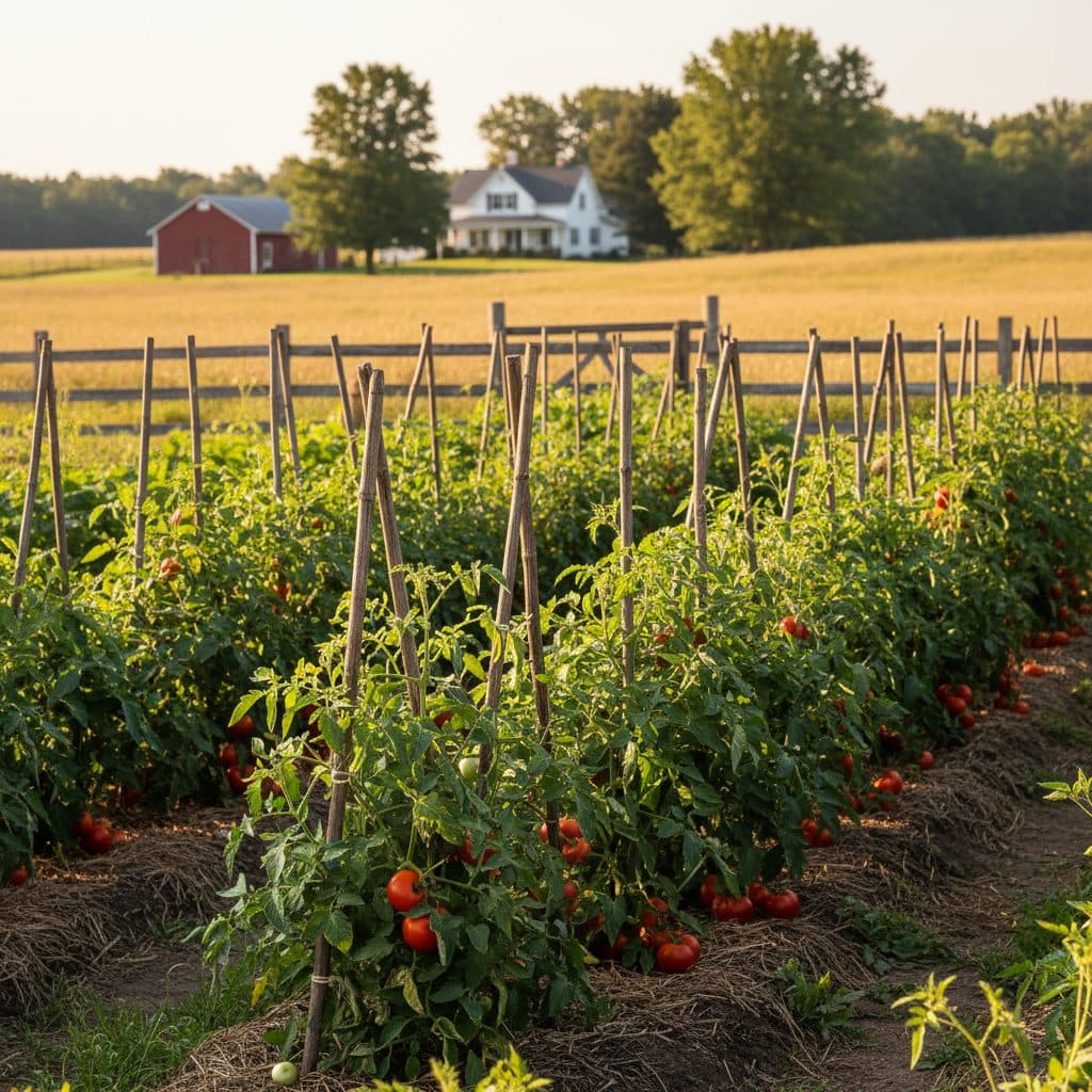 Healthy, well-staked tomato plants in a US garden, laden with ripe fruit