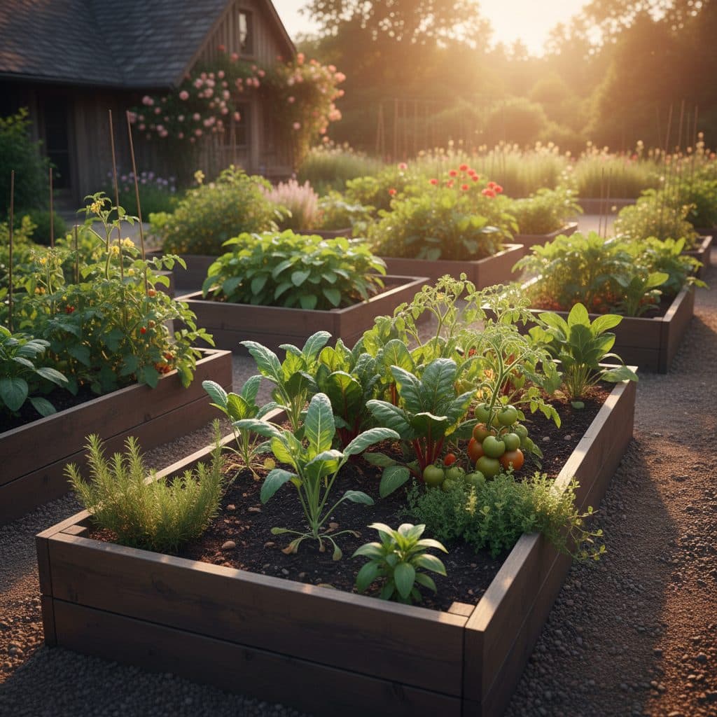 A thriving US homestead vegetable garden with neat rows of tomato and squash plants under morning light, no people.