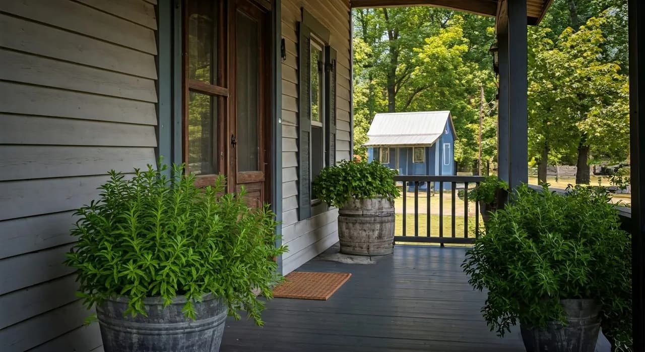 A rustic US homestead porch with various potted drought-tolerant plants in terracotta and ceramic containers, bathed in morning sunlight, no people.