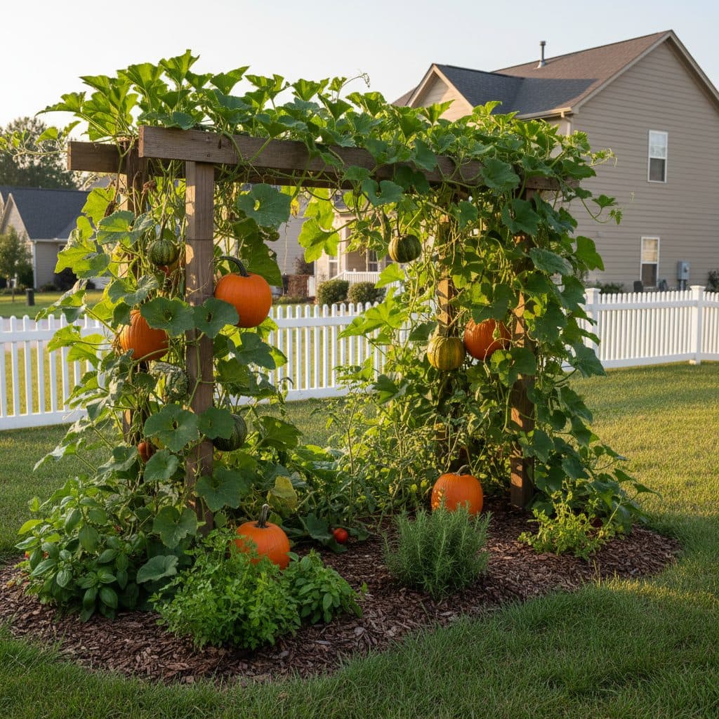 A trellised winter squash plant laden with developing fruits in a small backyard garden.
