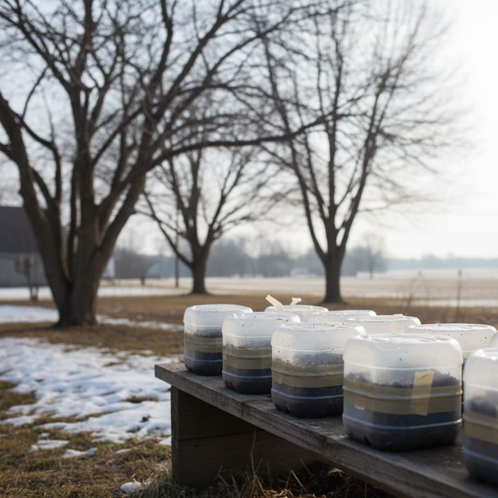 Winter sowing jugs on a homestead bench in late winter, ready for spring growth.