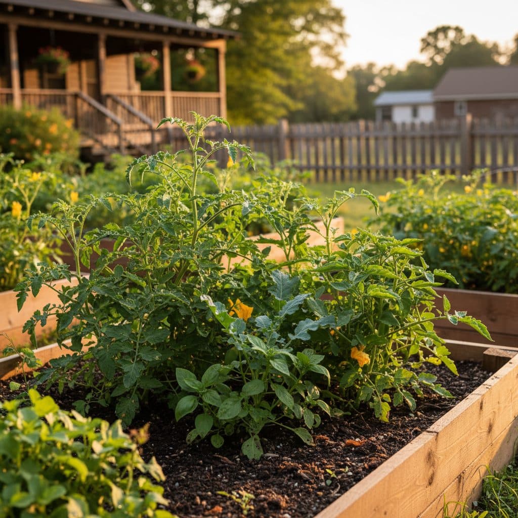 A vibrant container garden on a patio, featuring terracotta olla pots partially buried in soil and inverted wine bottles with wicks providing water to plants.