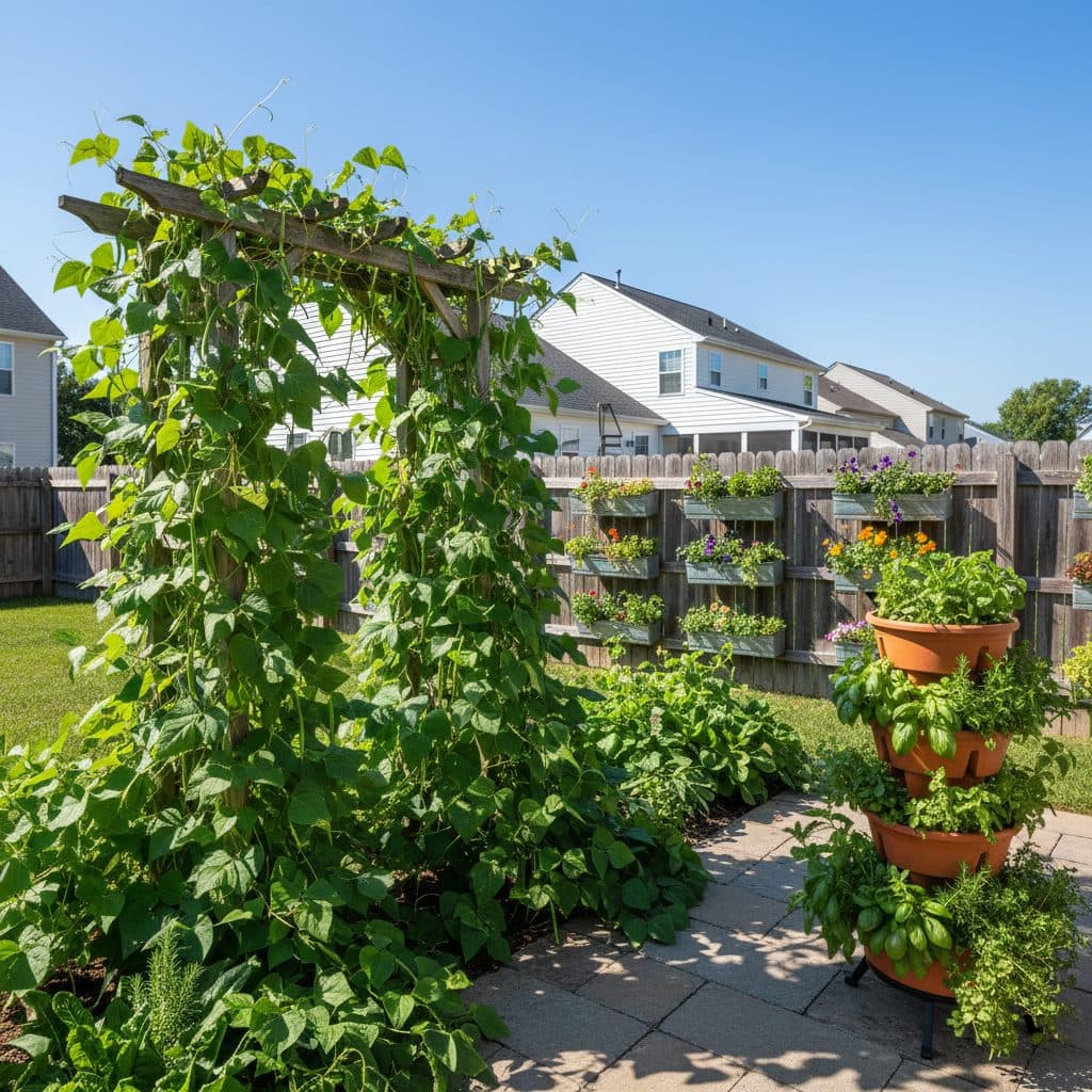 A vibrant suburban backyard garden showcasing various vertical vegetable gardening systems under a clear sky.