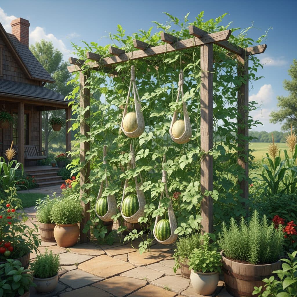 Watermelon and cantaloupe vines growing vertically on a sturdy trellis, with several fruits supported by fabric slings in large containers on a sunny patio.