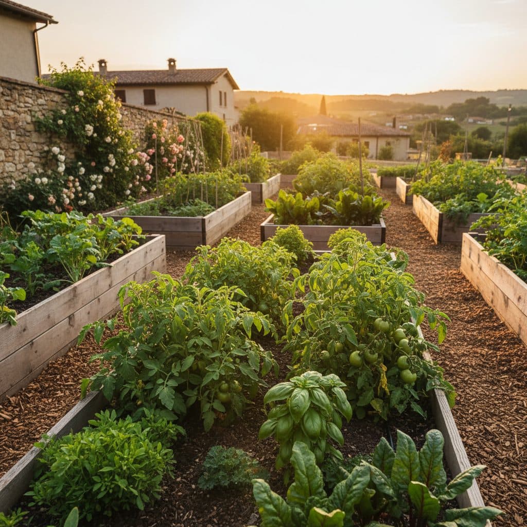A small urban garden with grapes, cucumbers, and melons growing vertically in containers on a sunny patio.