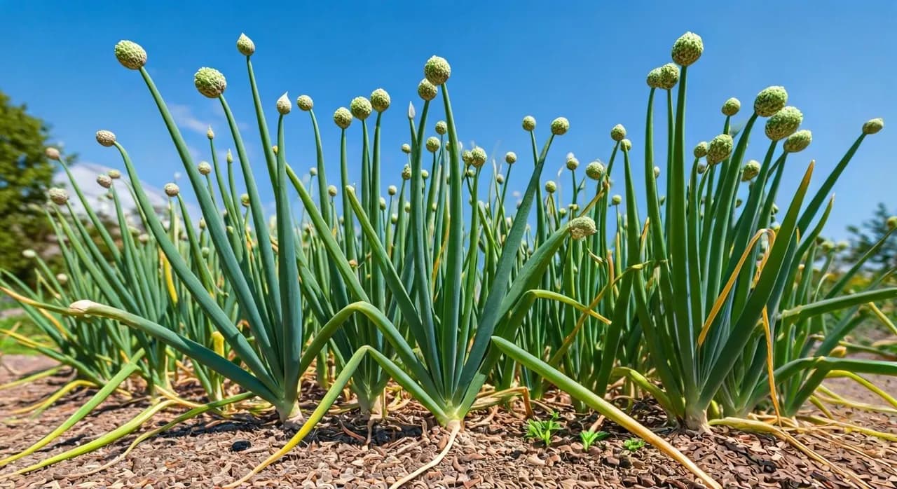 A vibrant patch of Egyptian walking onions with stalks bending over, their bulbils ready to root, in a sunny garden.
