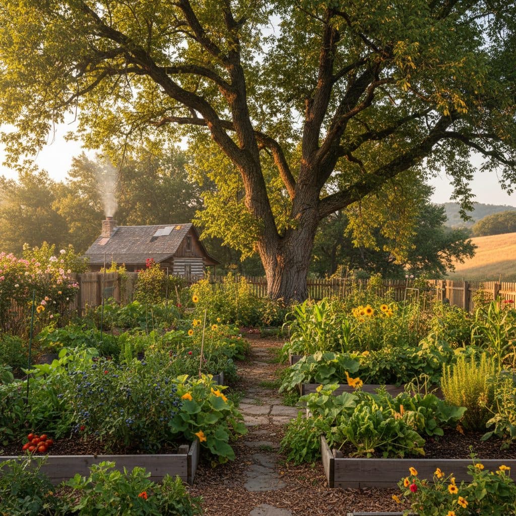A mature black walnut tree stands tall in a vibrant US homestead garden, surrounded by diverse, juglone-tolerant plantings and raised beds under a warm evening light.