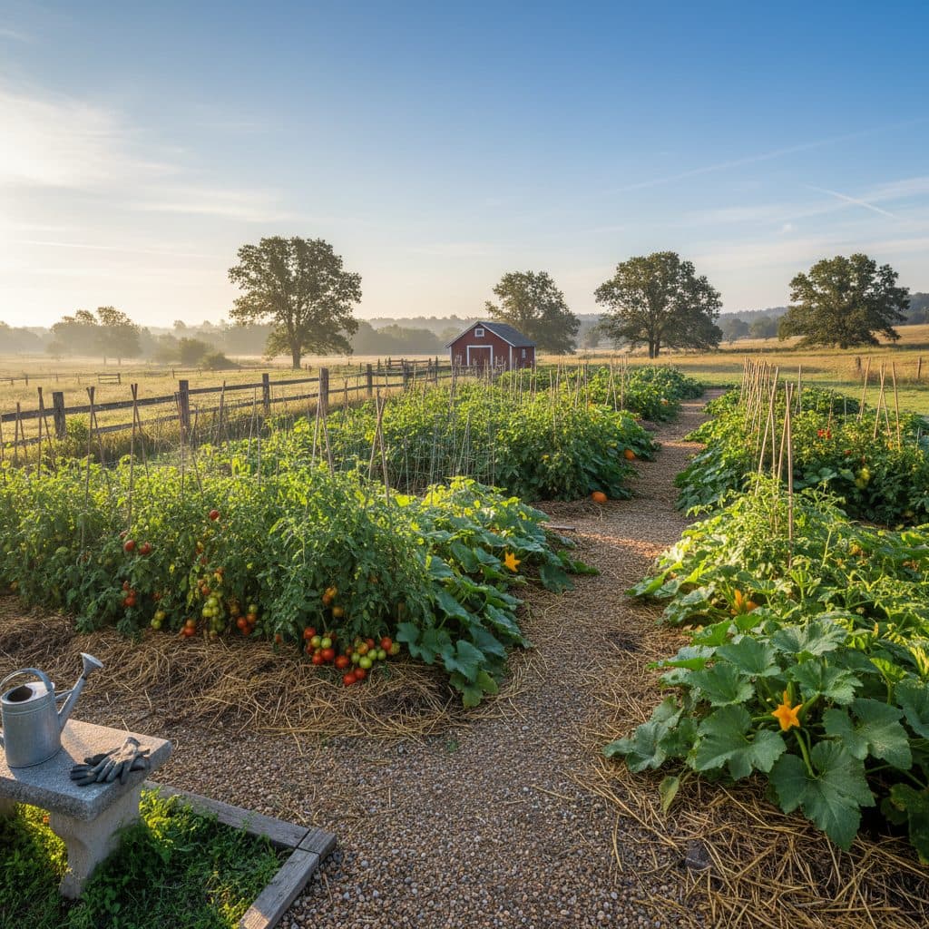 A vibrant home vegetable garden with healthy tomato and cucumber plants under morning sun.