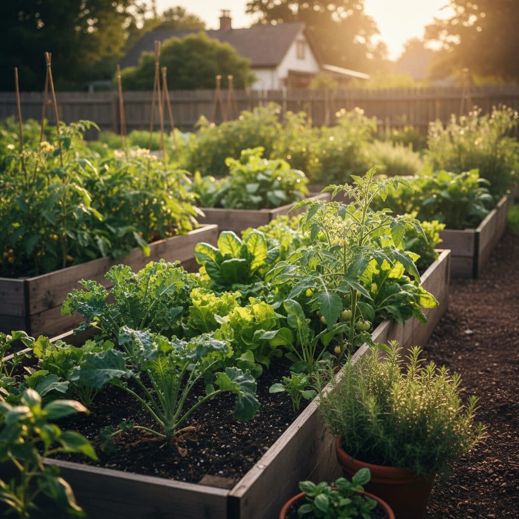 A vibrant homestead garden at sunrise, with dew-kissed leaves, showcasing optimal watering conditions.