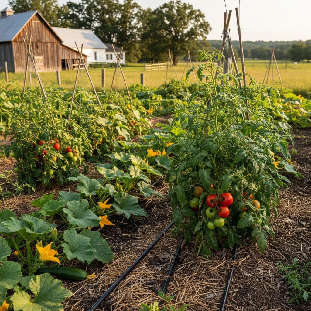 A lush vegetable garden with healthy tomato and squash plants, mulched beds, and a drip irrigation system.