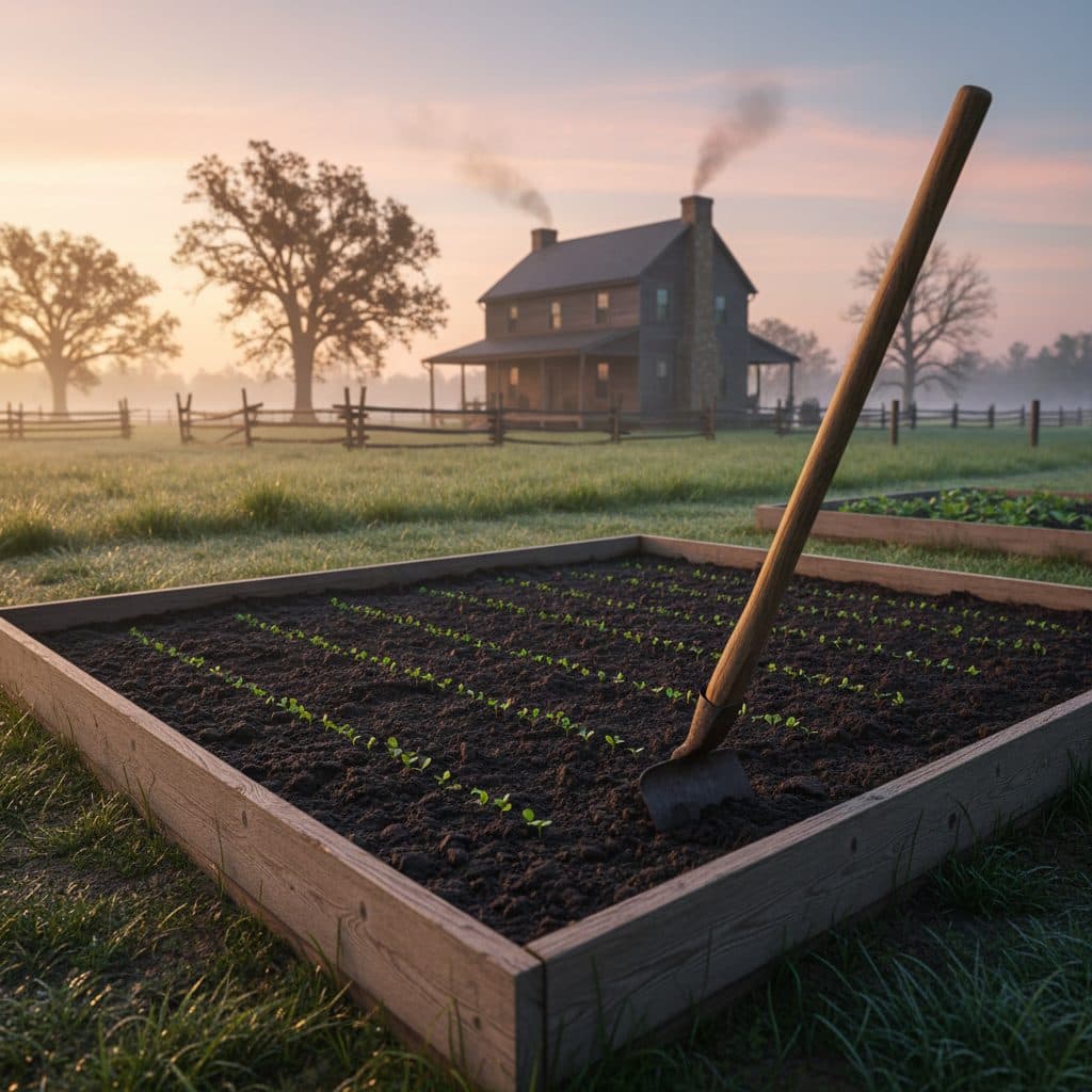 A freshly prepared garden bed with tiny green weed sprouts emerging, ready for the stale seedbed technique, on a US homestead.
