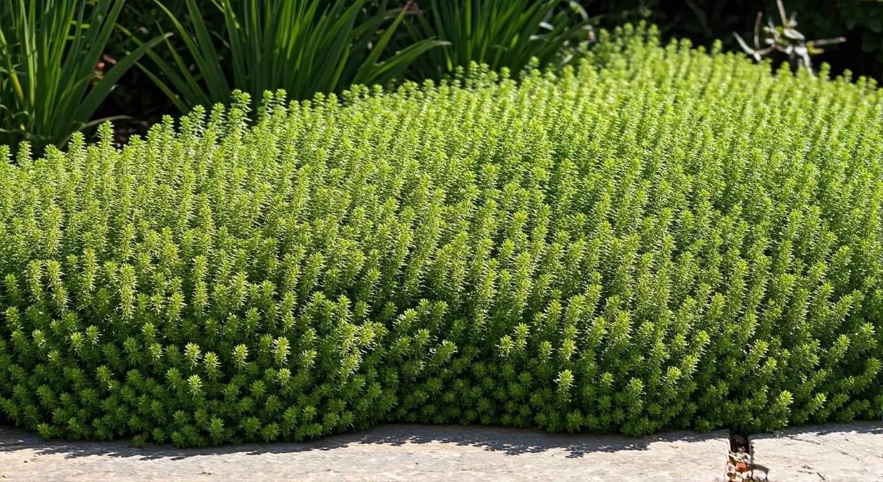 Creeping Thyme forming a dense, weed-free mat in a sunny garden bed with a stone path.