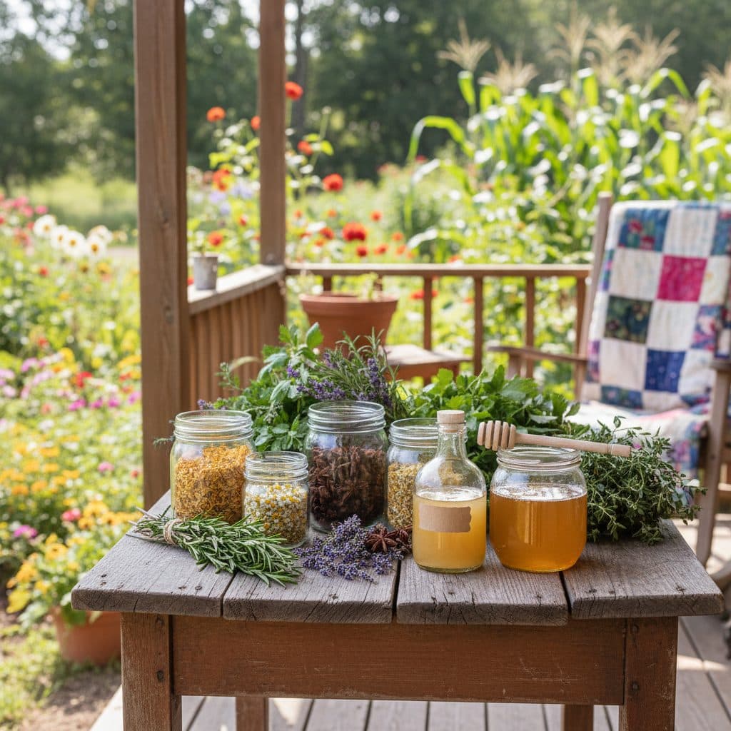 Ingredients for making oxymel laid out on a wooden table on a homestead porch.