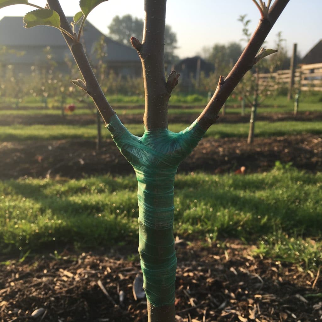 Close-up of a whip-and-tongue graft on an apple tree, securely wrapped with tape.