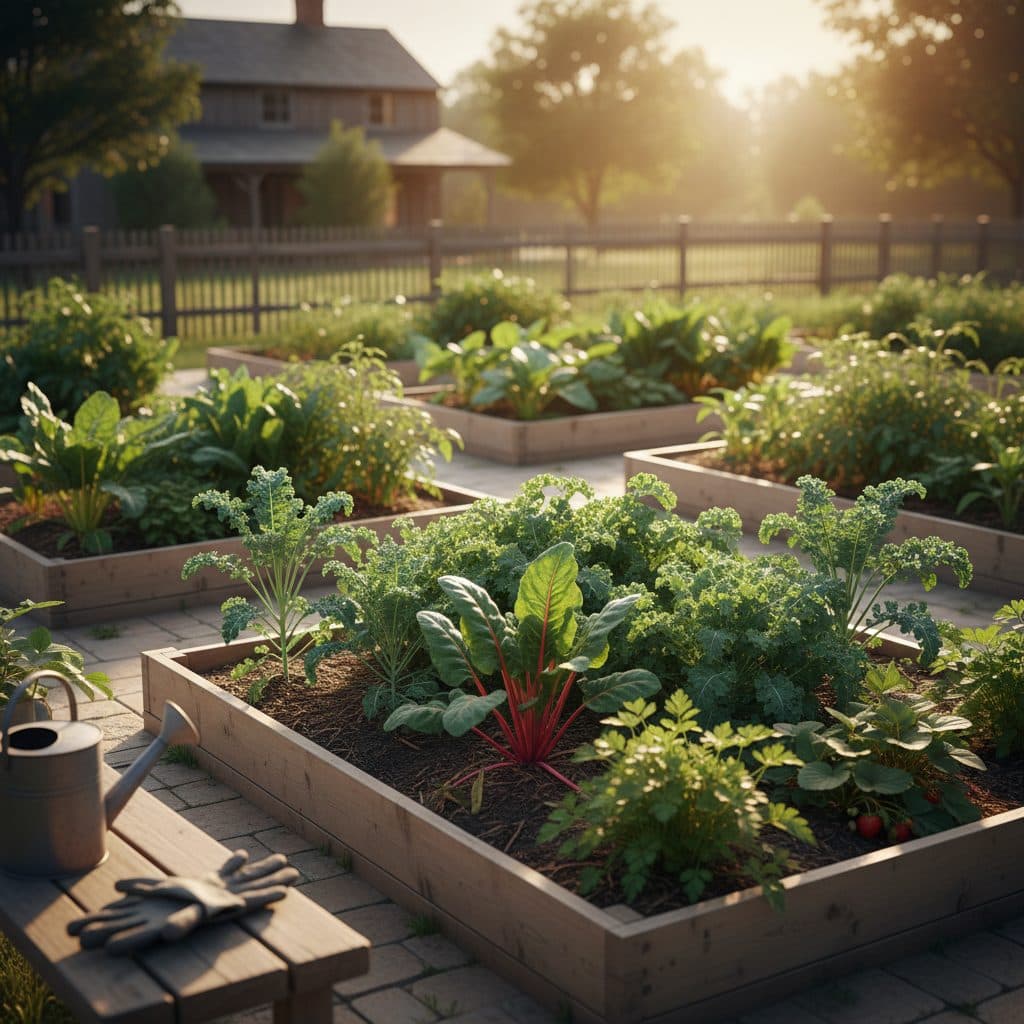 A garden bed showing a bolted lettuce plant with a tall central stalk, contrasted with healthy, leafy lettuce plants nearby, under a bright summer sky on a US homestead.