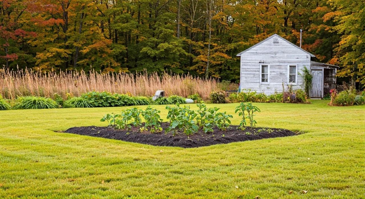 A peaceful autumn homestead scene with a small garden and wild plants at the forest edge in rural North America.