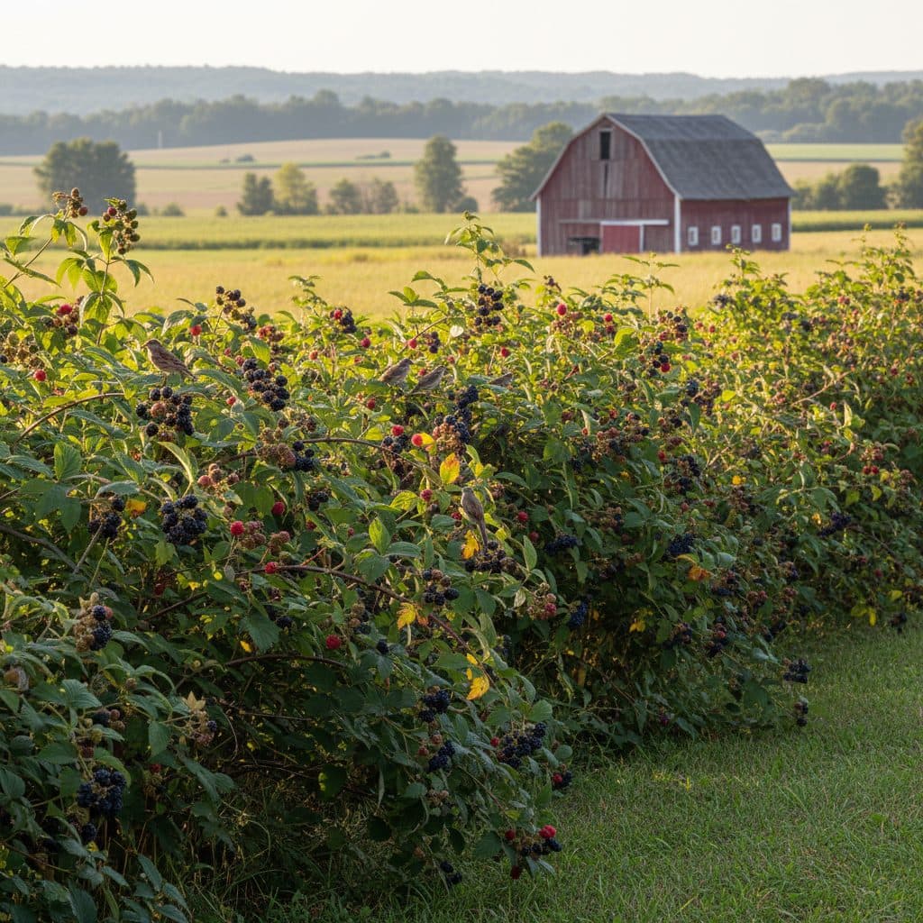 A dense, thriving living fence made of native berry shrubs, laden with fruit, in a sunny US homestead in late summer.