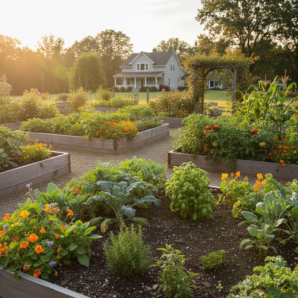 Tomato and squash plants in a garden, some leaves drooping, under late afternoon sun.