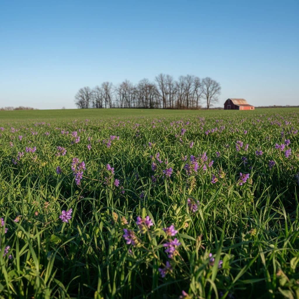 A field of winter rye and hairy vetch growing together in a cold US climate.