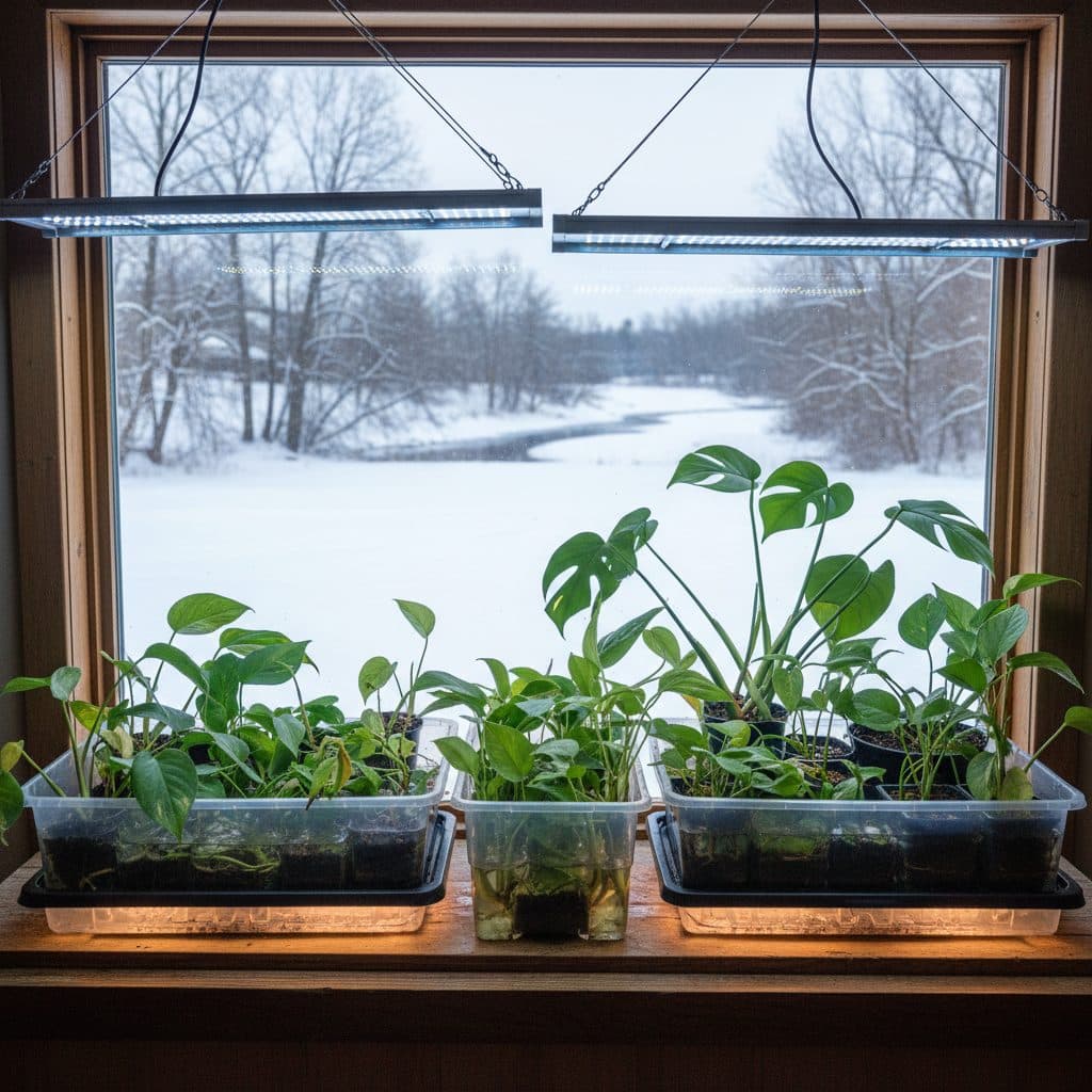 A warm, insulated windowsill setup for plant propagation in winter, with heat mats, grow lights, and multiple trays of cuttings, against a snowy outdoor backdrop.