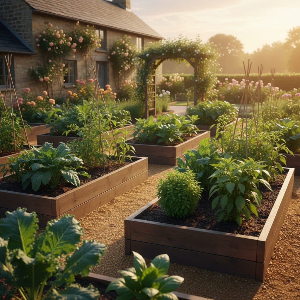 A vibrant xeriscape food garden featuring drought-tolerant plants like prickly pear, rosemary, and fig trees under bright sun in an arid US landscape.