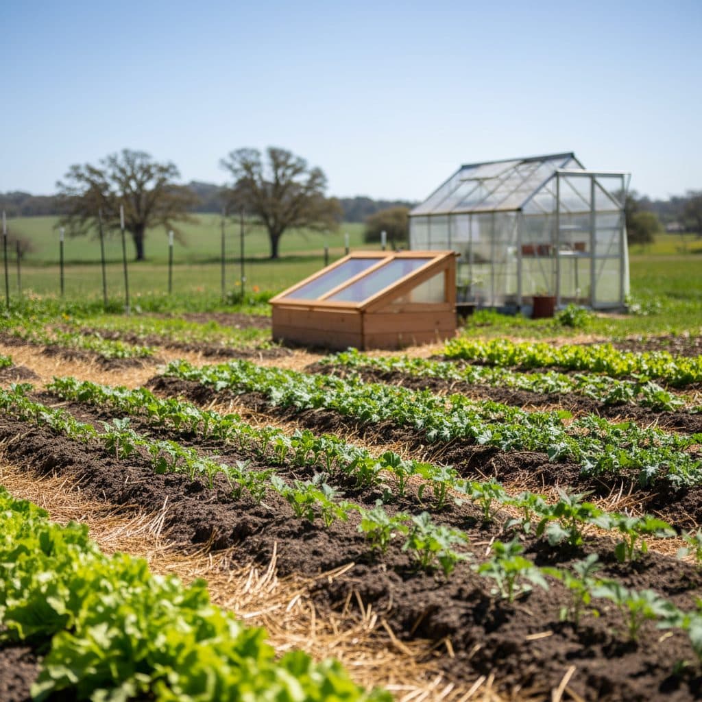 A thriving spring garden on a US homestead with neat rows of young plants and a cold frame in the distance.