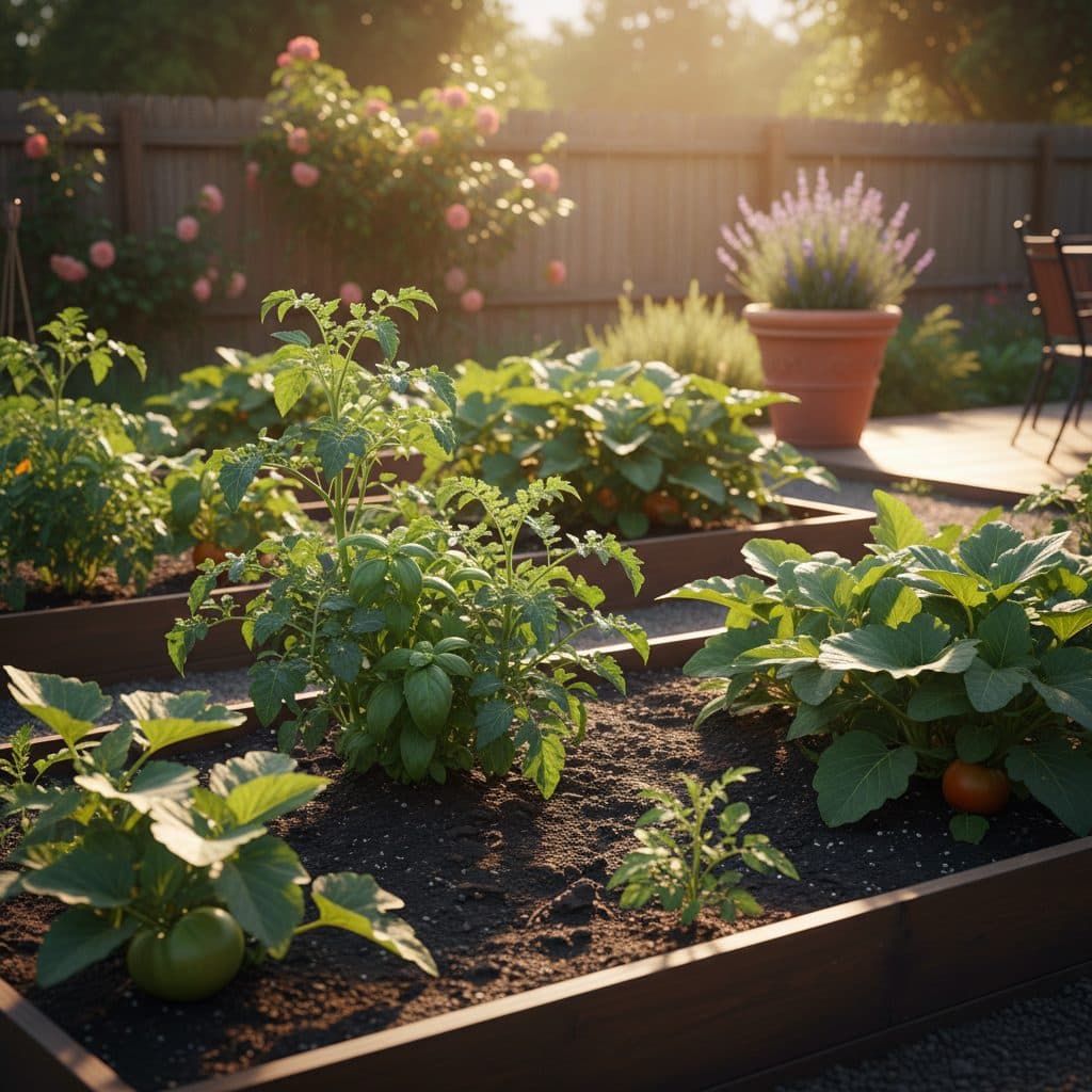 A homestead garden with healthy tomato plants, some showing early signs of yellowing on lower leaves, under a bright sky.