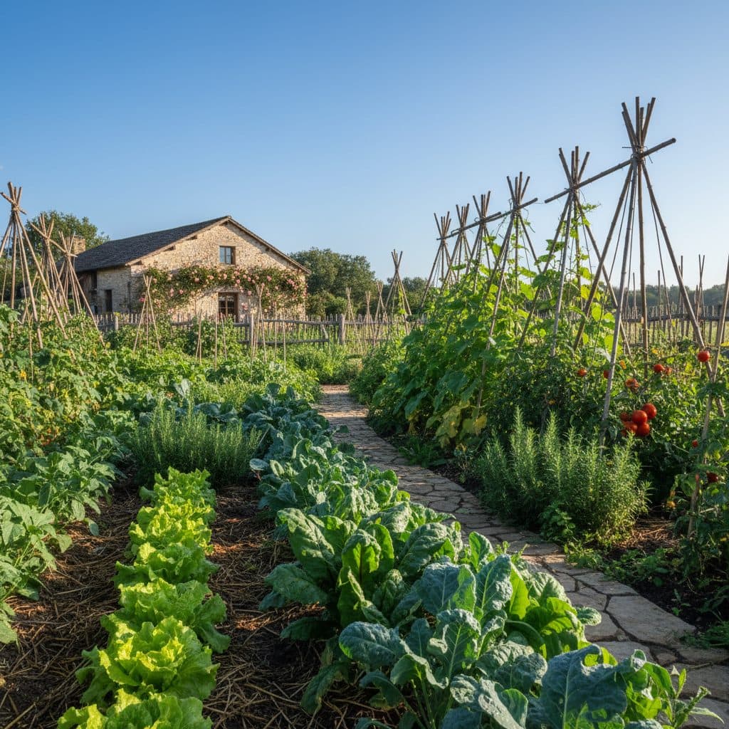 A lush, productive garden in USDA Zone 9, featuring rows of diverse vegetables under a bright sky.