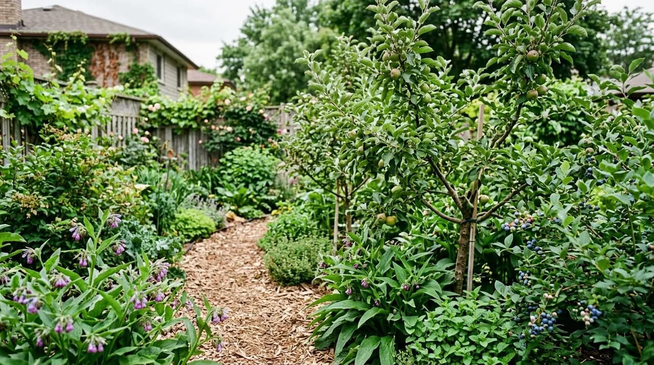 A lush suburban backyard food forest featuring dwarf apple trees, blueberry bushes, comfrey understory, and woodchip paths.