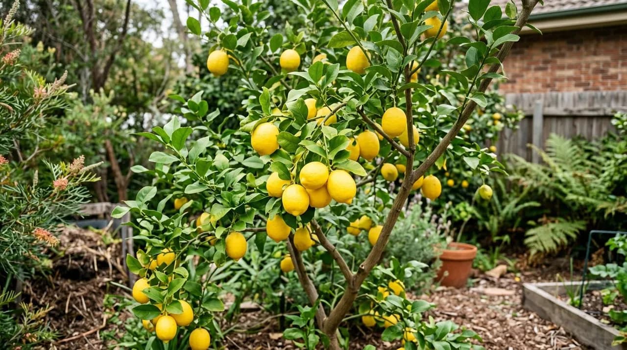 A healthy Australian backyard lemon tree bearing bright yellow fruit with clean branches showing successful organic citrus gall wasp control.