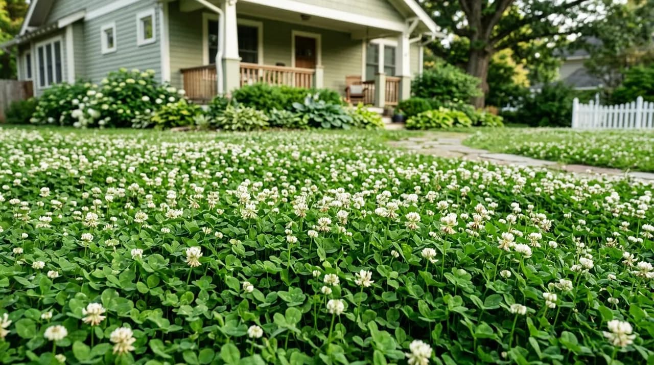 A dense, vibrant green white clover lawn dotted with small white blossoms growing evenly across a suburban front yard.