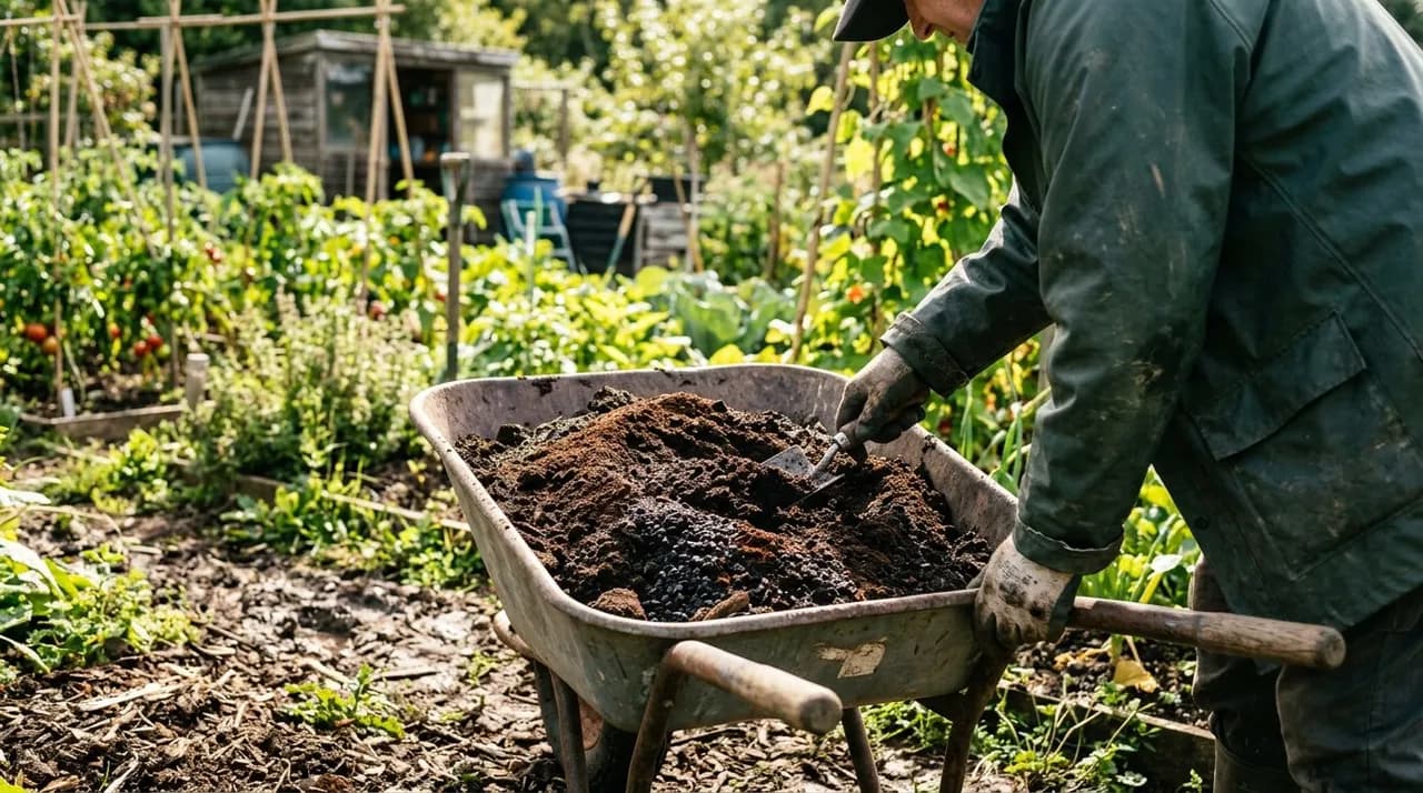 A gardener mixing dark spent coffee grounds into a wheelbarrow of rich organic compost on a sunny afternoon.
