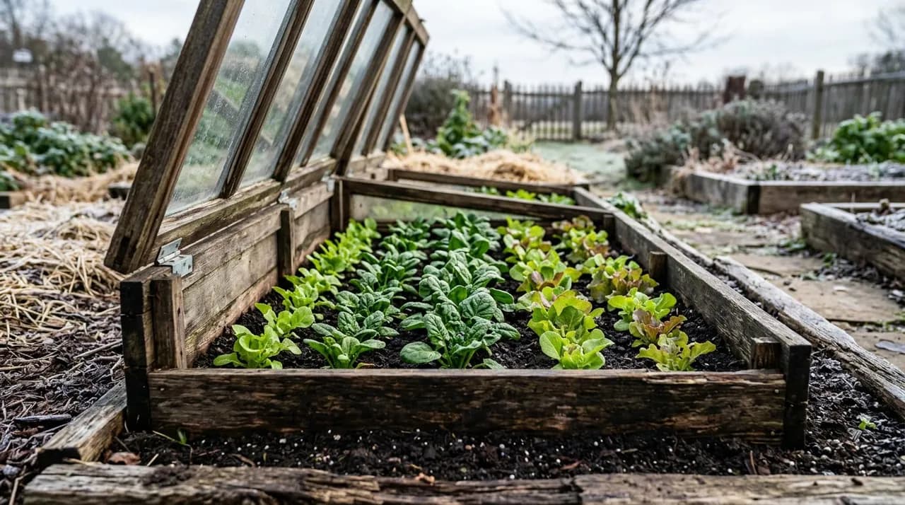 A wooden cold frame with hinged glass window lids open, revealing crisp rows of winter spinach and lettuce.