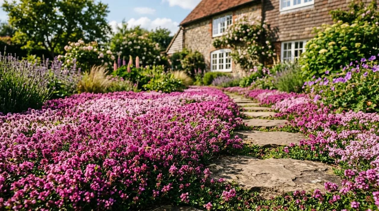 A lush, low-growing carpet of magenta and pink creeping thyme flowers covering a sunny residential yard between stepping stones.