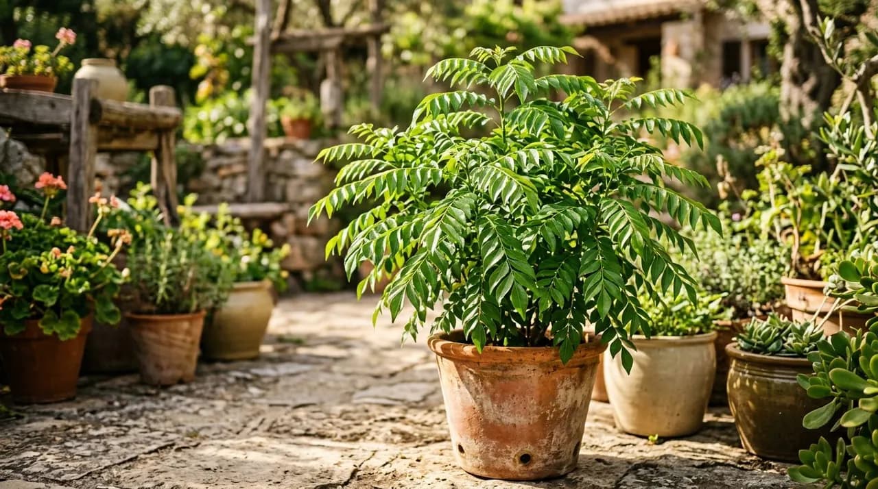 A lush potted curry leaf plant with vibrant green compound foliage growing vigorously in a terracotta container on a sunny patio.