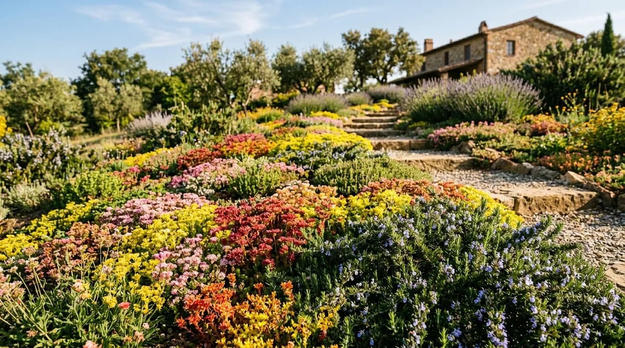 A sun-drenched sloping garden covered in a colorful mosaic of drought-tolerant sedums, creeping rosemary, and low-water flowering ground covers.