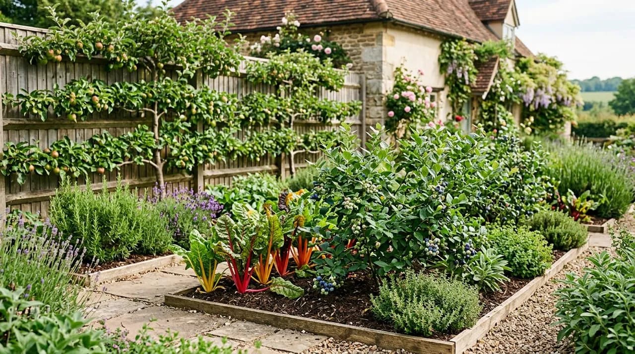 A beautiful front yard garden featuring espaliered fruit trees, blueberry shrubs, rainbow Swiss chard, and aromatic herbs in manicured flower beds.